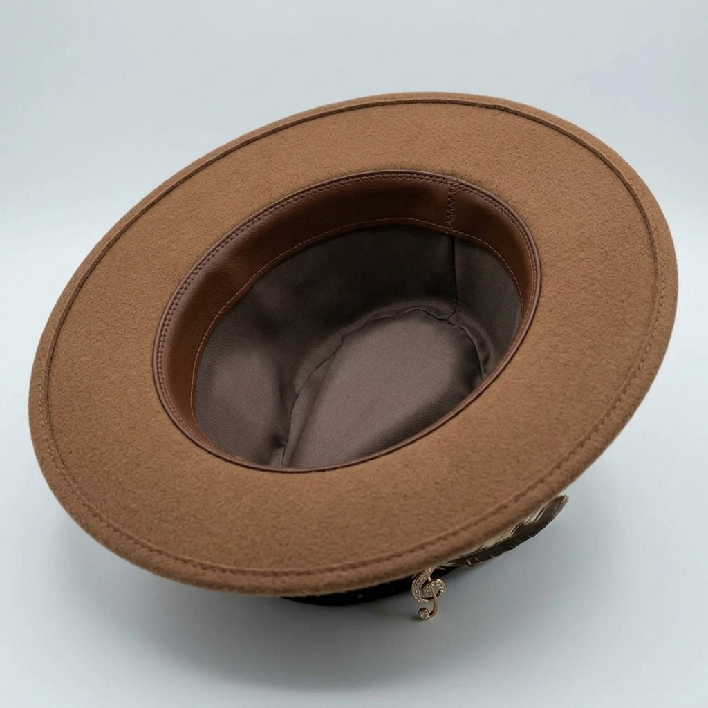 Brown Fedora with Musical Instrument Art, Velvet Band and Feather