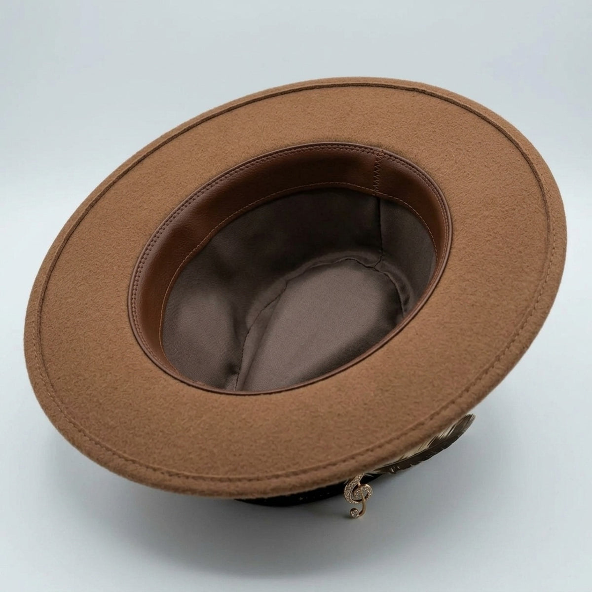 Brown Fedora with Musical Instrument Art, Velvet Band and Feather