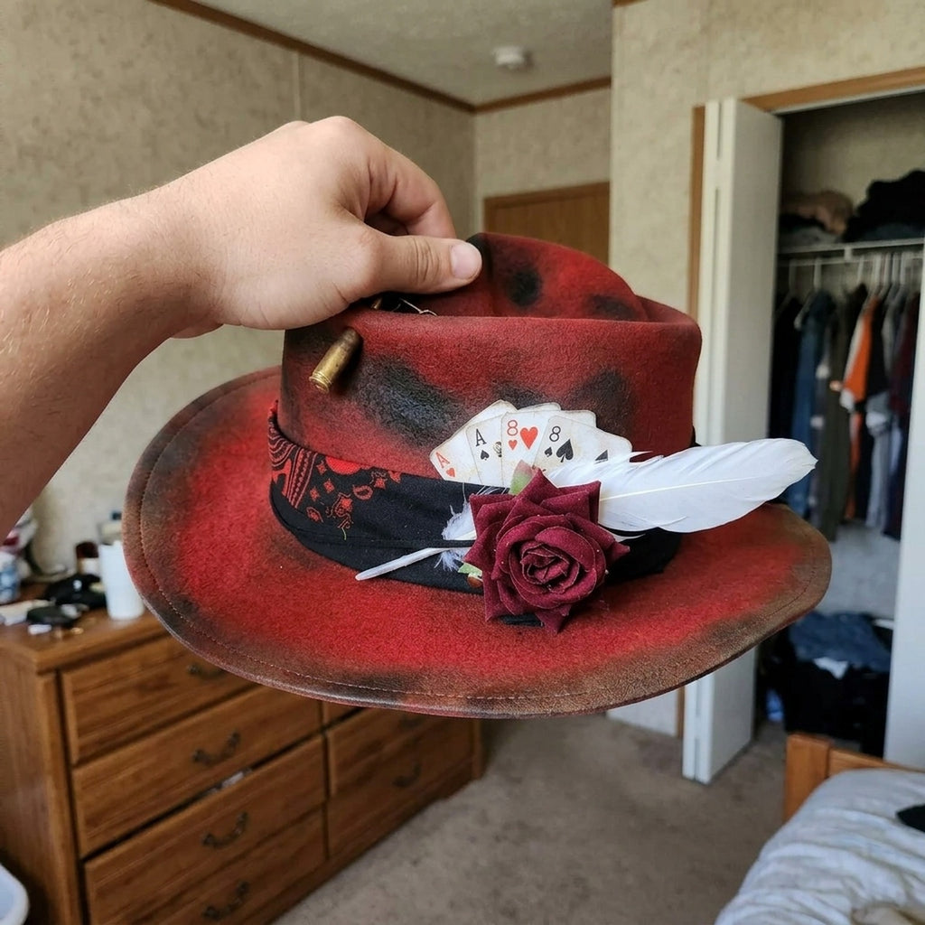 Western Red Fedora with Playing Cards, Rose and Bullet