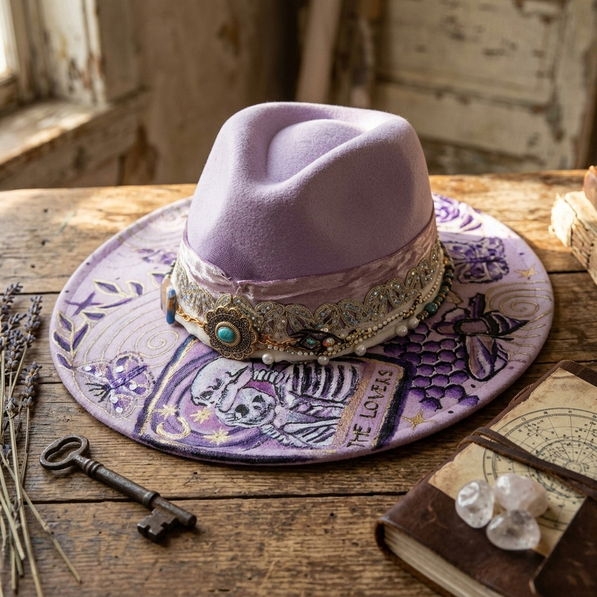 Lavender Felt Fedora with Tarot Lovers Card Rhinestone Concho