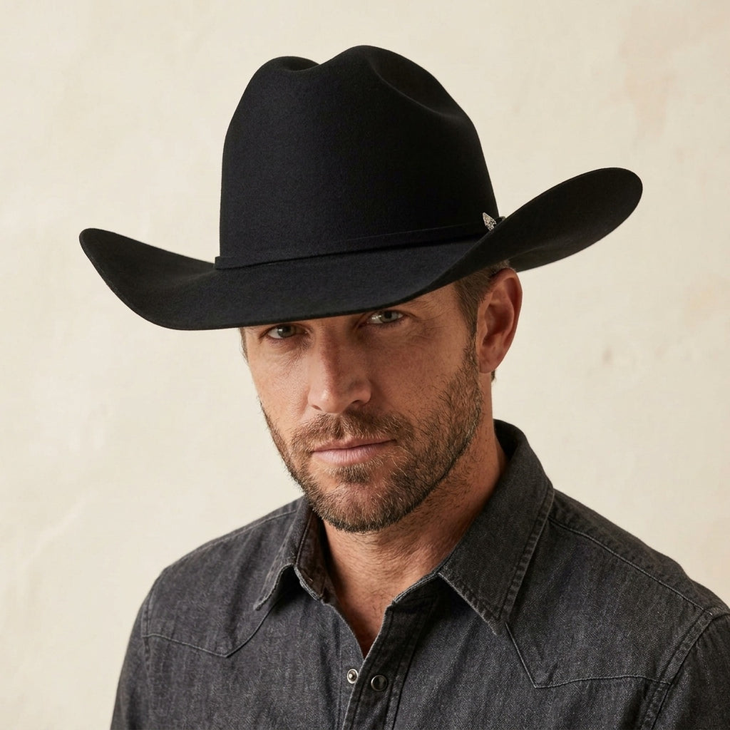 Black Felt Cowboy Hat with Tall Pinched Crown and Upturned Brim