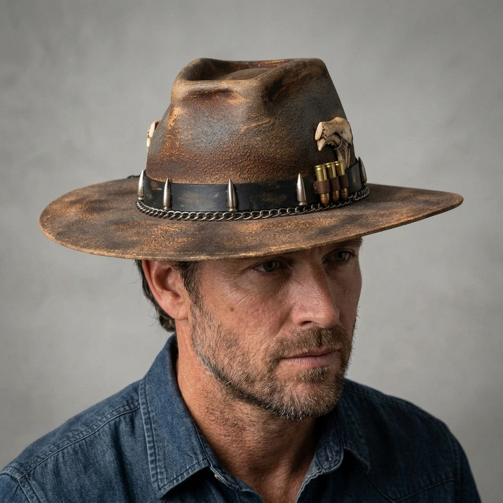 Distressed Brown Felt Western Hat with Bullet Band and Skull Accent