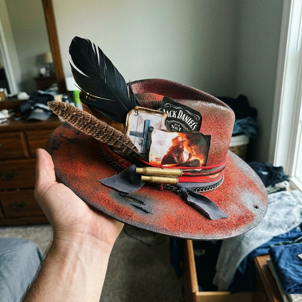 Rust Western Hat with Vintage Patch Details and Bullet Accents