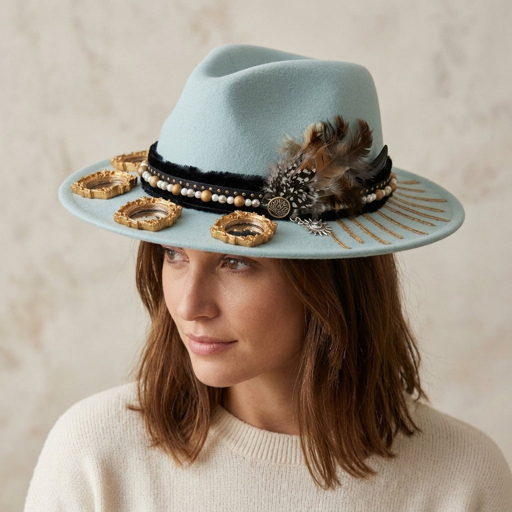 Powder Blue Wide Brim Felt Floppy Hat with Mini Frames Pearls