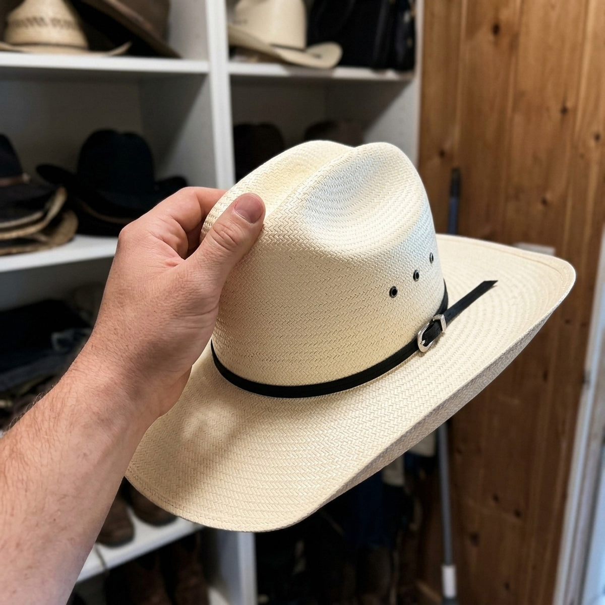 Ivory Straw Cowboy Hat with Black Ribbon Band and Side Bow