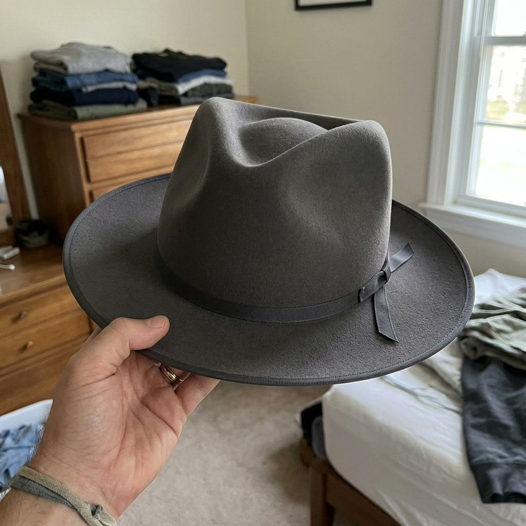 Grey Felt Fedora Hat with Black Grosgrain Band - Classic