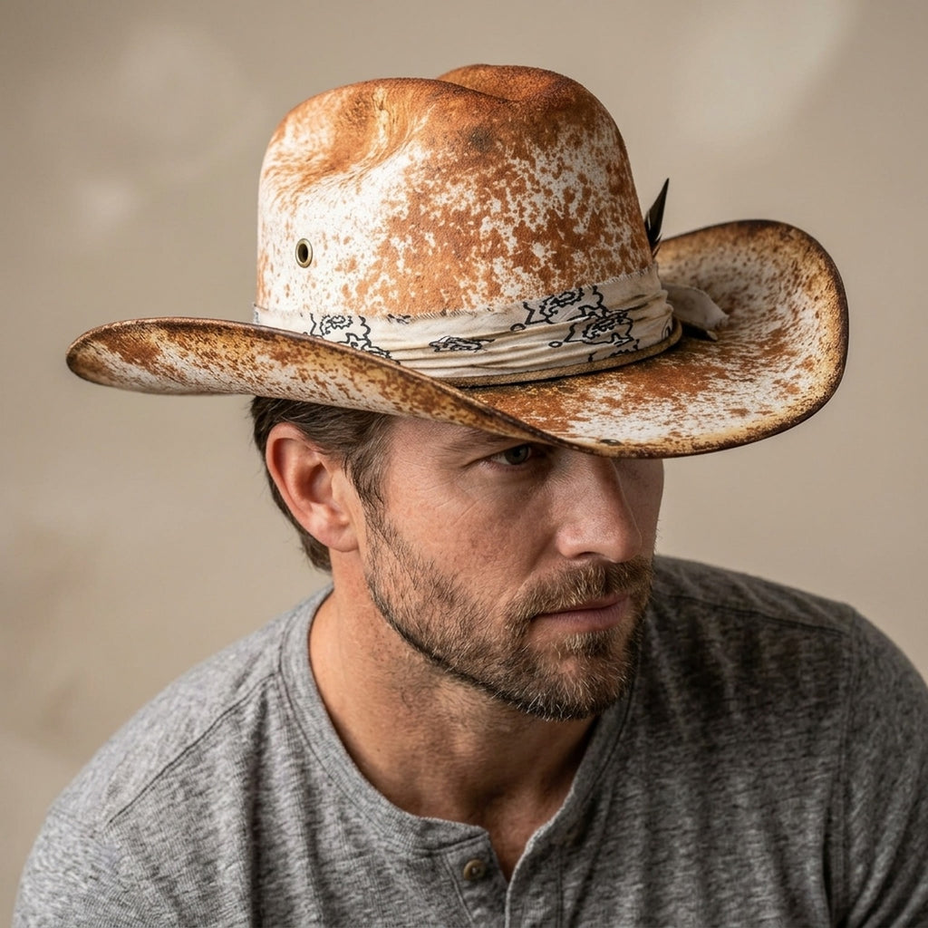 Speckled Tan Cowboy Hat with Paisley Bandana and Silver Concho