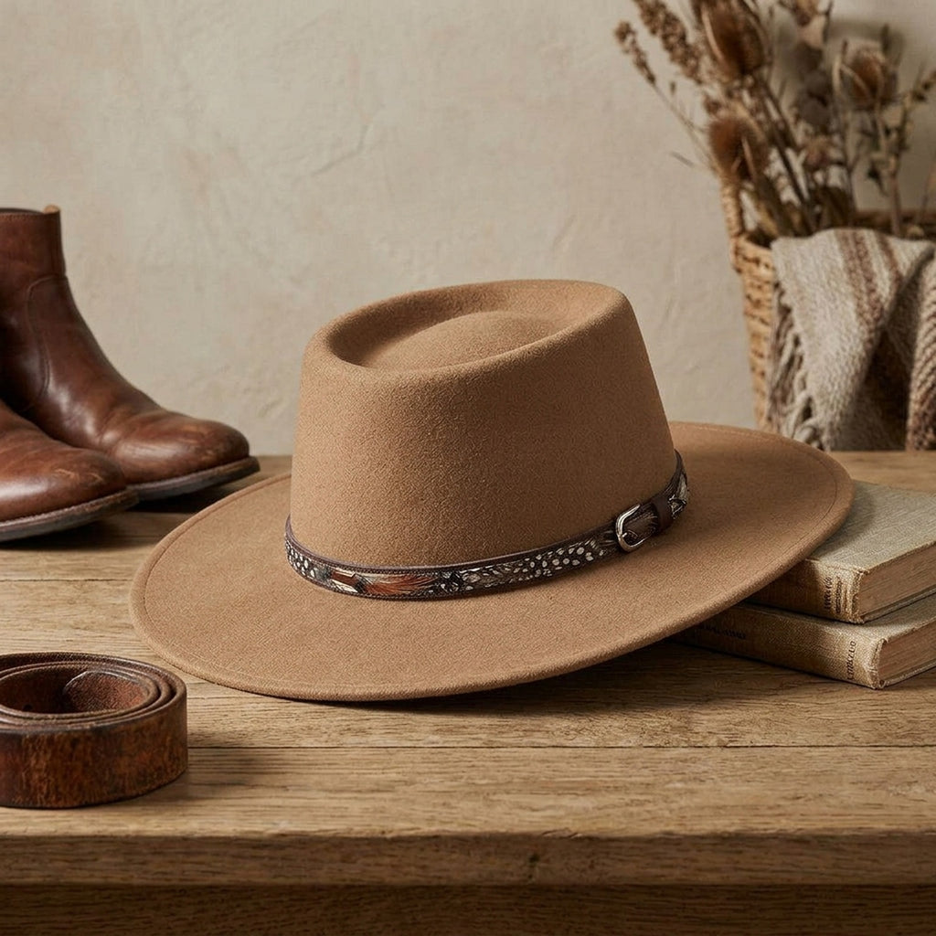 Tan Wide Brim Felt Hat with Patterned Leather Band Unisex