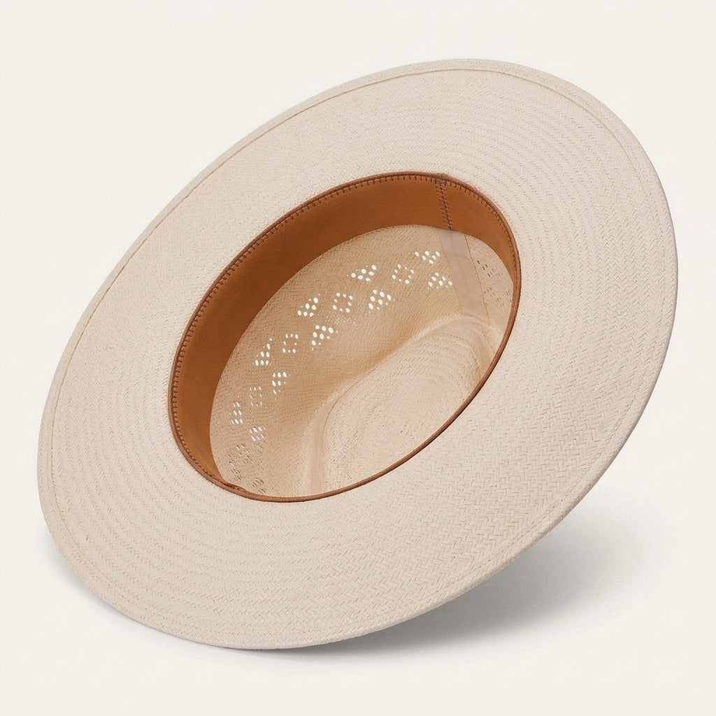 Ivory Straw Panama Hat with Perforated Crown and Feather Accent
