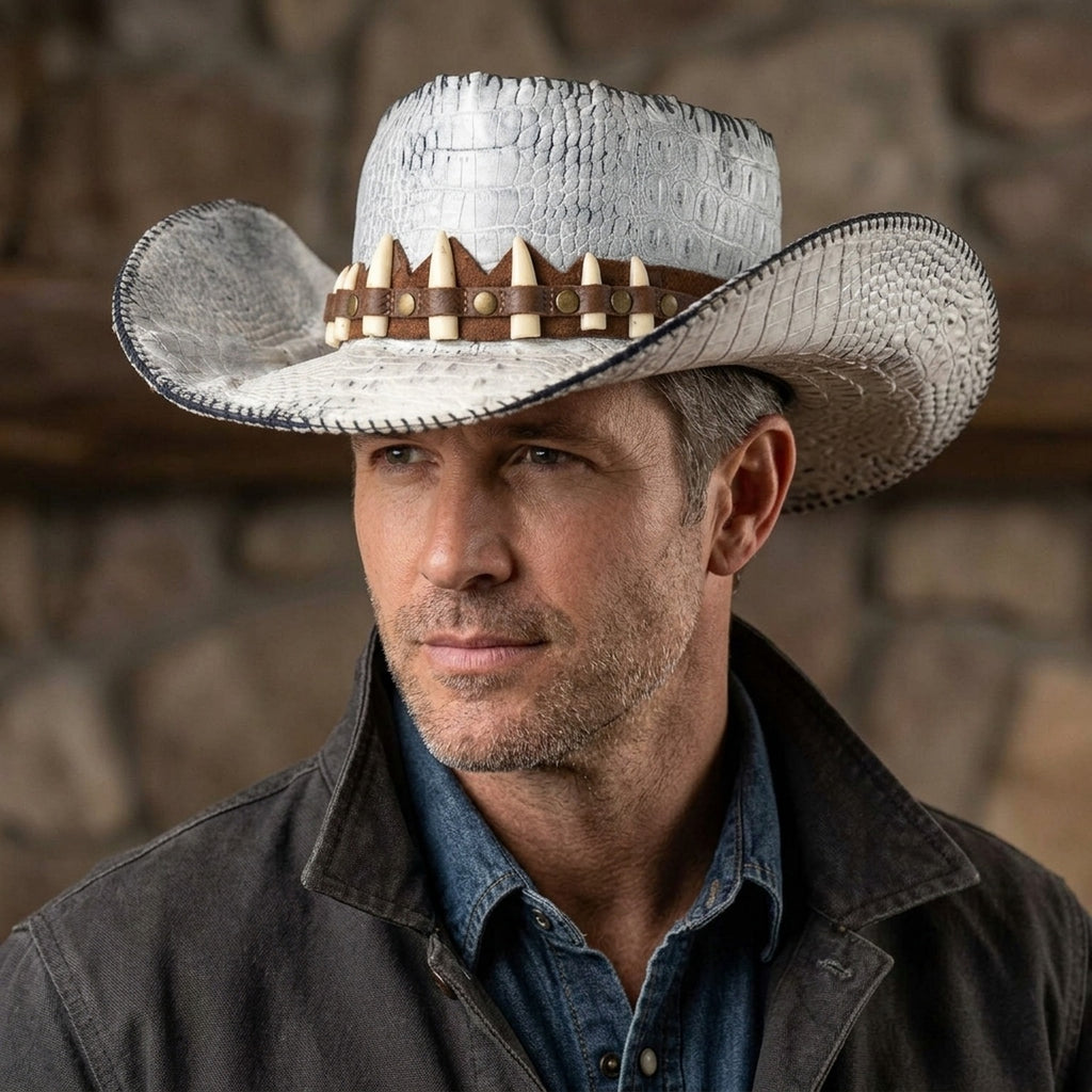White Crocodile Cowboy Hat Tooth Stud Band Western Statement Hat