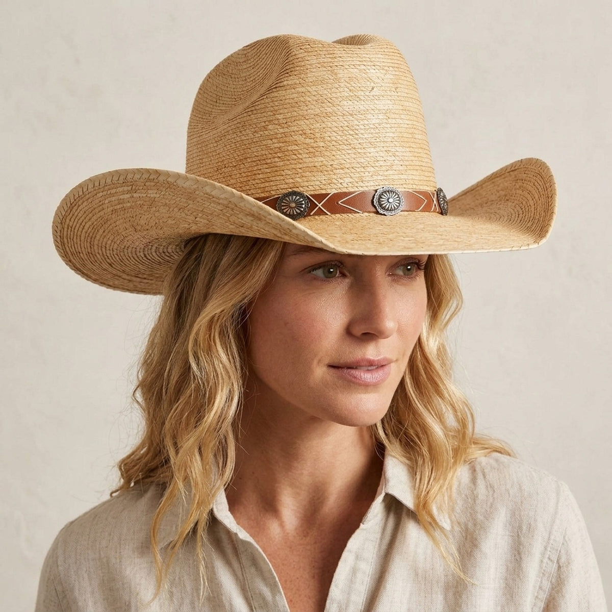 Natural Straw Cowboy Hat with Silver Concho Studded Band