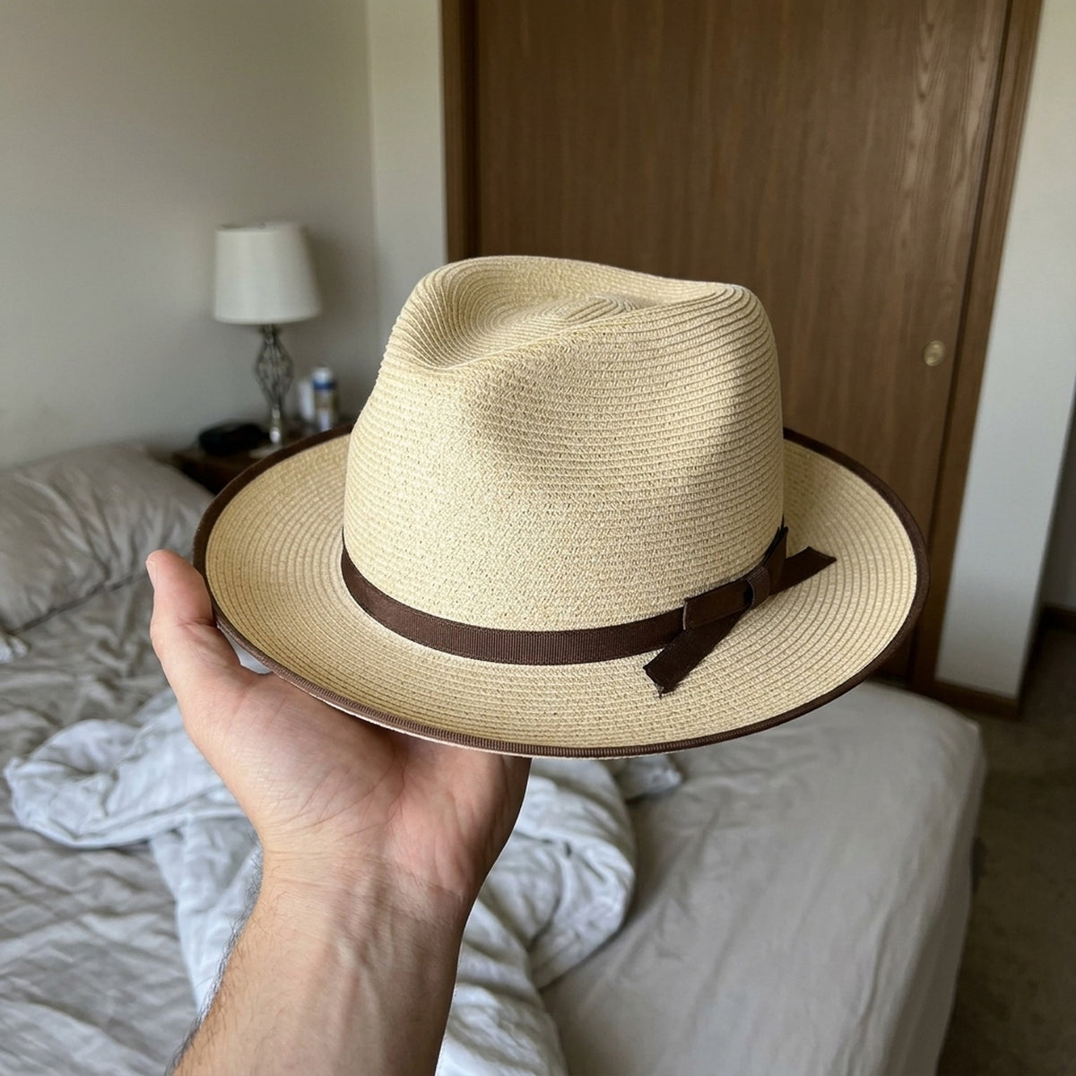Natural Beige Straw Fedora with Brown Trim and Strap