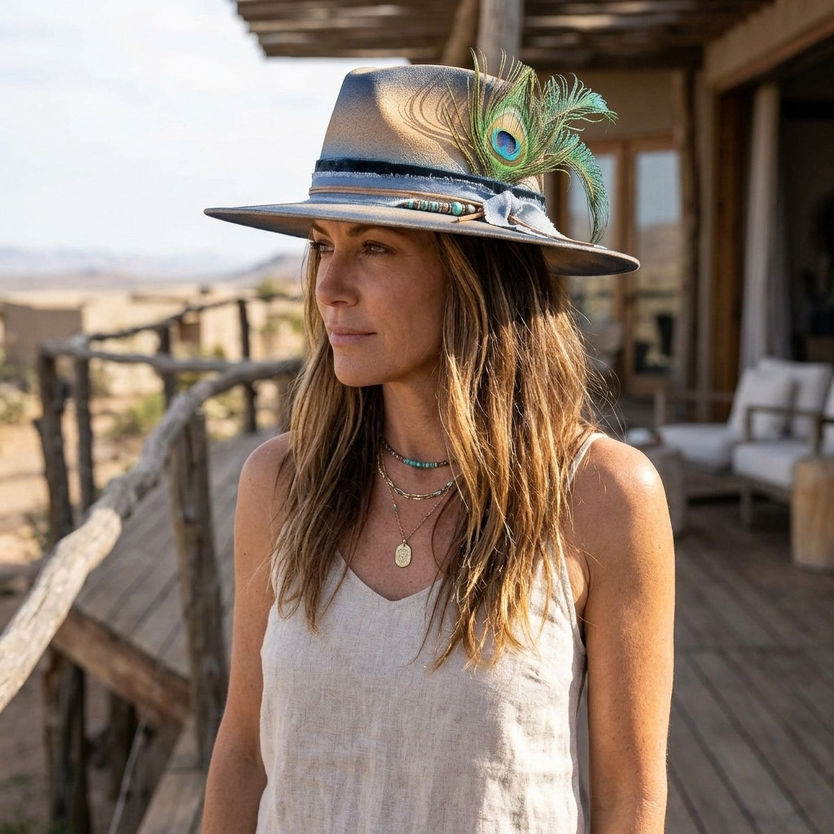 Tan Blue Distressed Felt Fedora with Peacock Feather Suede Bow