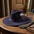 Navy Wool Felt Fedora Hat with Wide Brim and Band