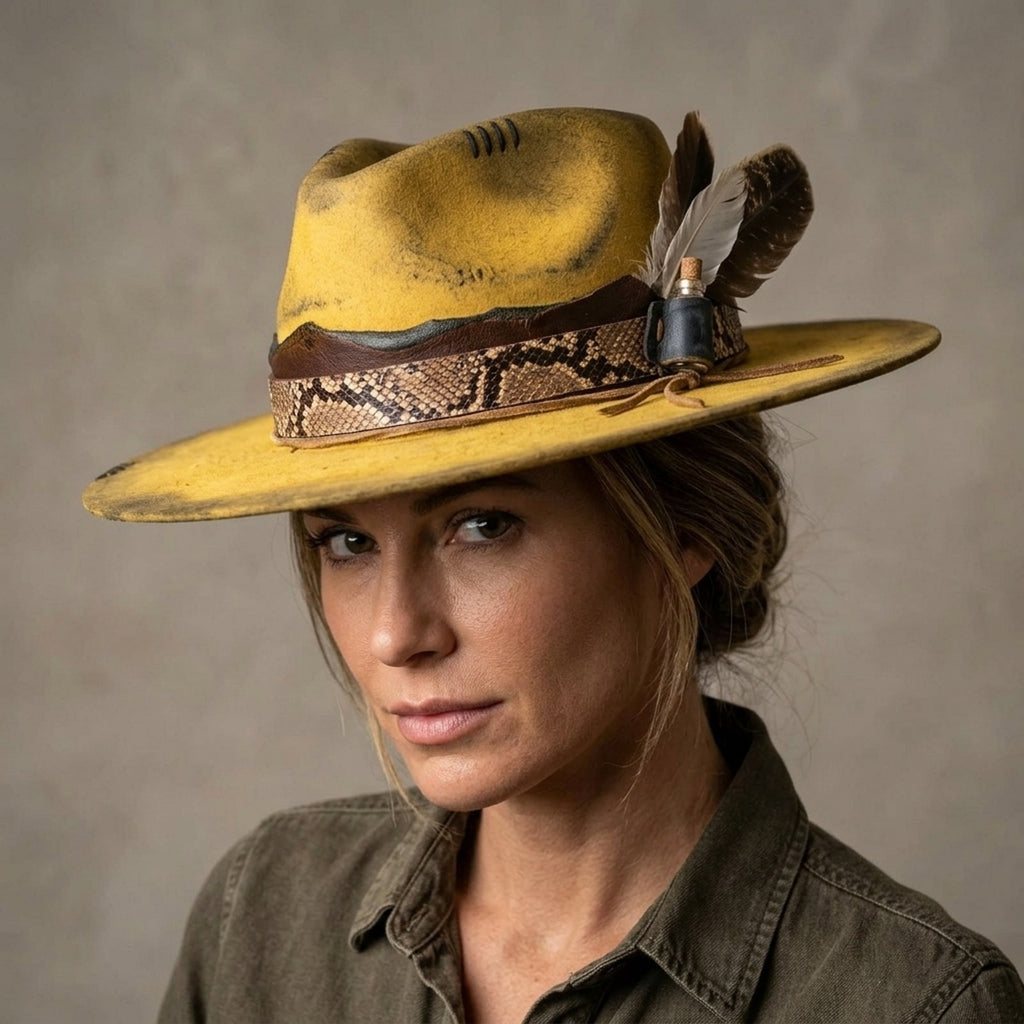 Vintage Yellow Distressed Fedora with Snake Band and Feathers