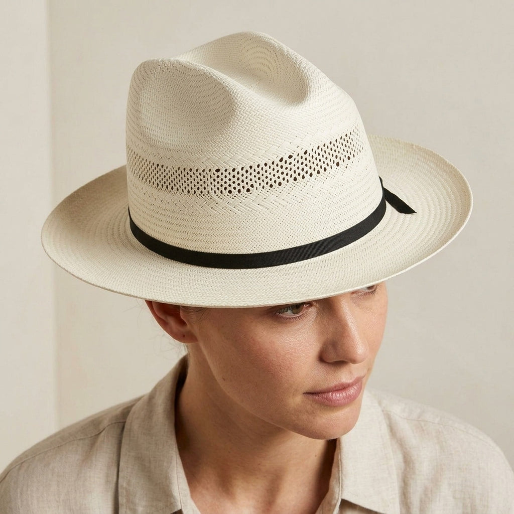 White Perforated Straw Fedora with Black Band and Bow Detail