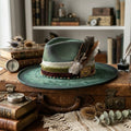 Vintage Green Velvet Wide Brim Fedora Feather Brass Medallion