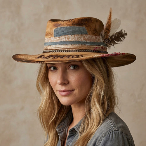 "Wanted" Tan Felt Western Hat with Patchwork Band and Feathers