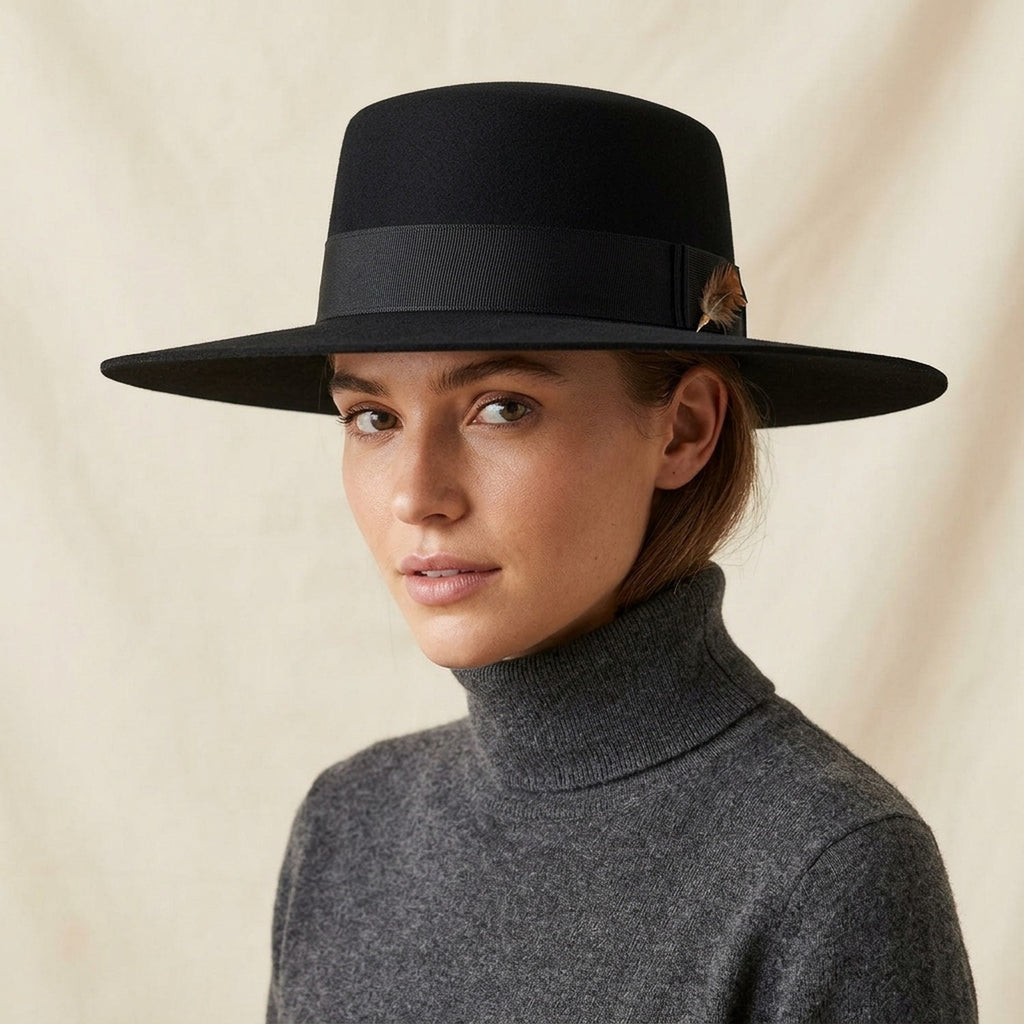 Unisex Black Wool Felt Wide Brim Hat with Minimalist Band