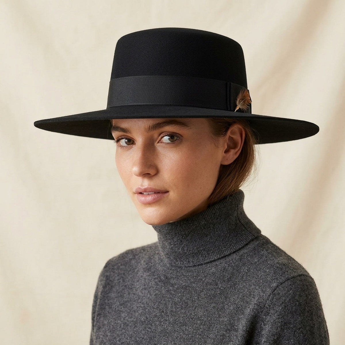 Unisex Black Wool Felt Wide Brim Hat with Minimalist Band