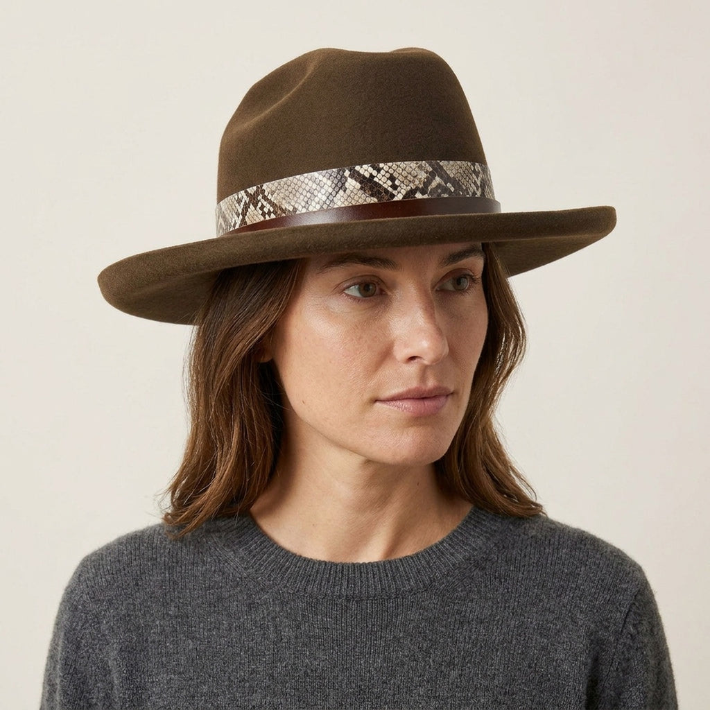 Brown Fedora With Snakeskin Pattern Leather Band