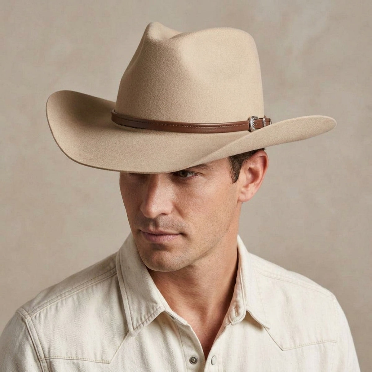 Cream Wool Felt Cowboy Hat with Brown Leather Concho Band