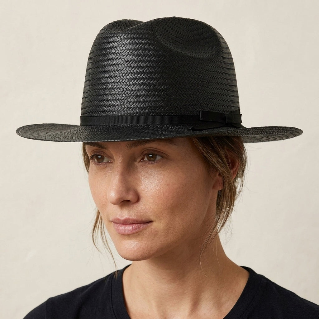 Black Straw Fedora with Ribbon Band for Summer Evening Style