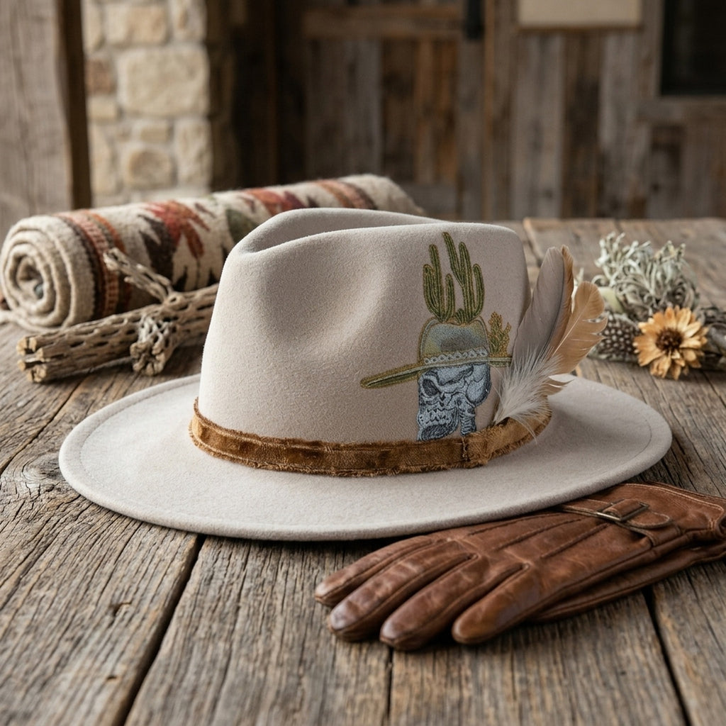 Beige Fedora with Cactus Skull Embroidery and Feather Accent