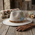 Beige Fedora with Cactus Skull Embroidery and Feather Accent