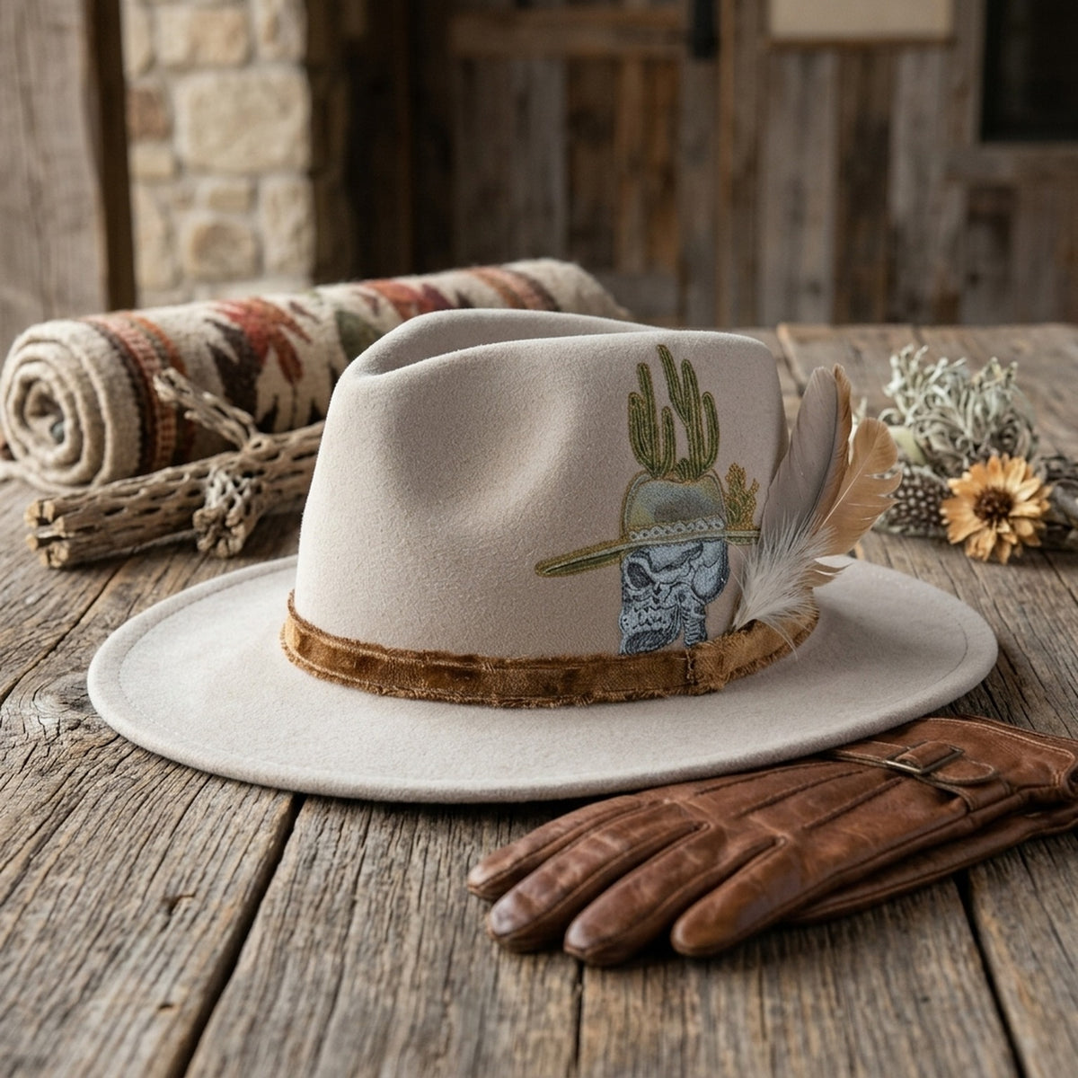 Beige Fedora with Cactus Skull Embroidery and Feather Accent