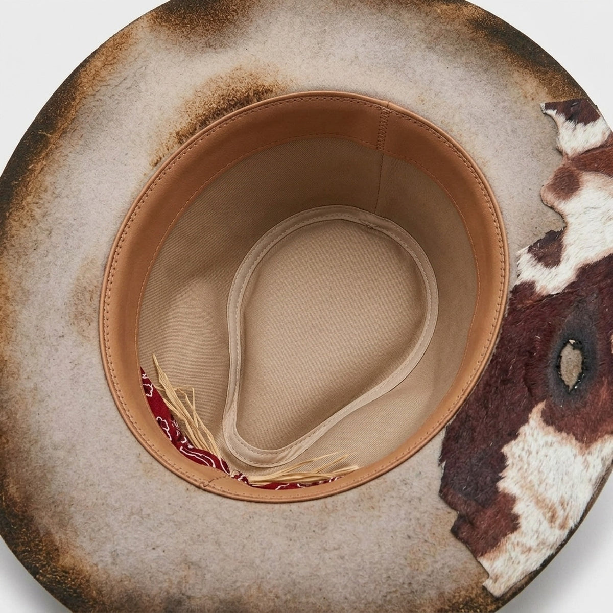 Distressed Brown Felt Western Hat Cowhide Brim Red Bandana