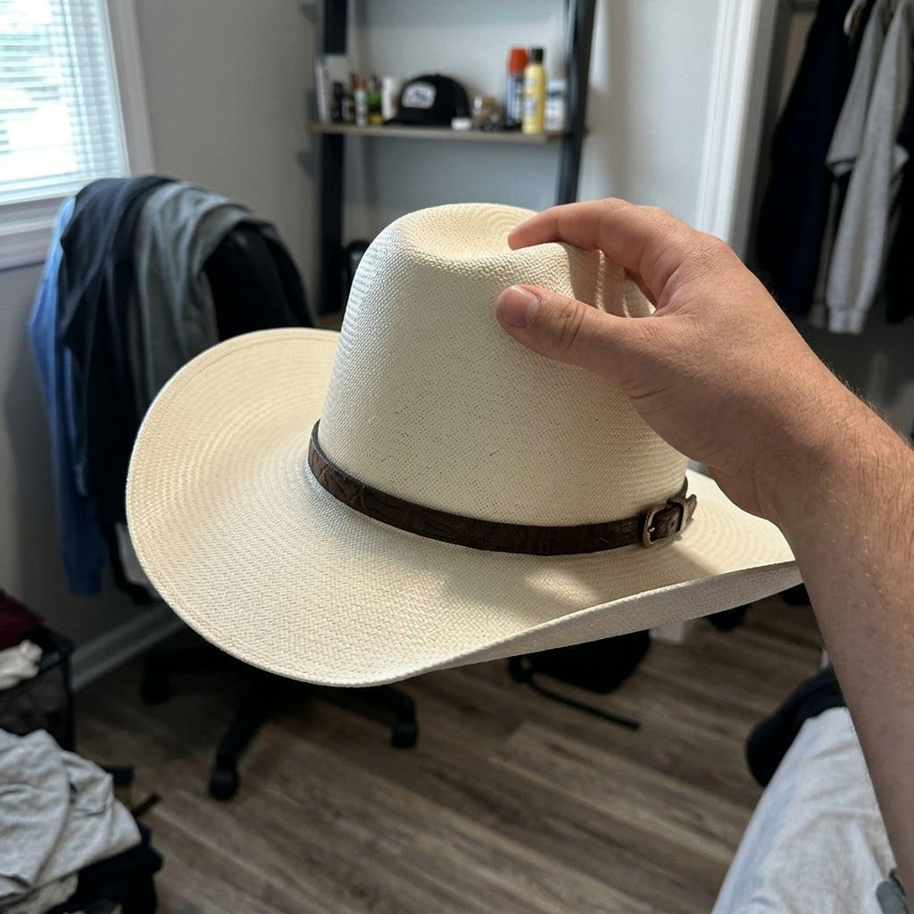 Ivory Straw Western Hat with Braided Brown Leather Band