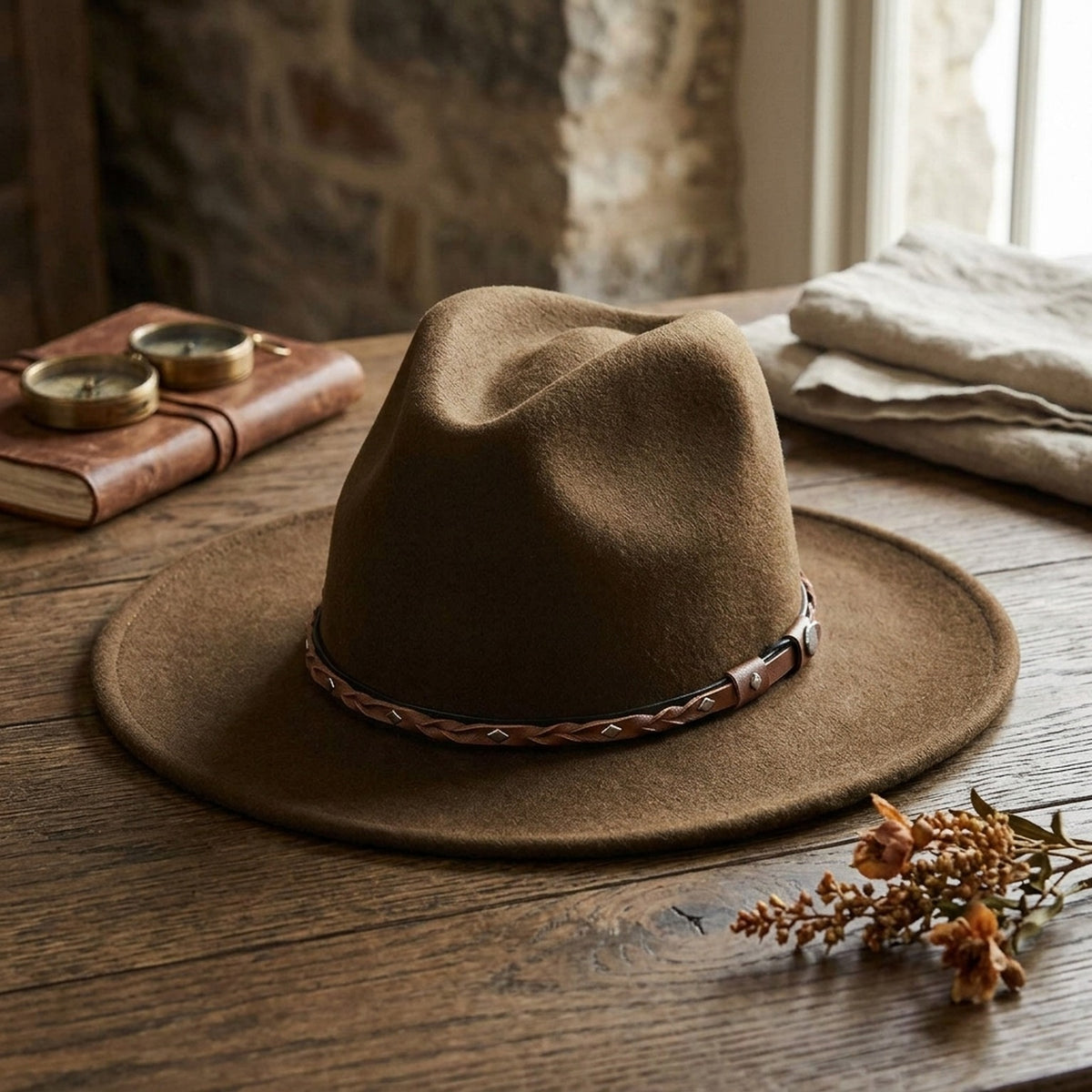 Brown Wool Felt Western Hat with Braided Leather Stud Band