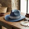 Unisex Navy Straw Panama Hat with Geometric Pattern Band