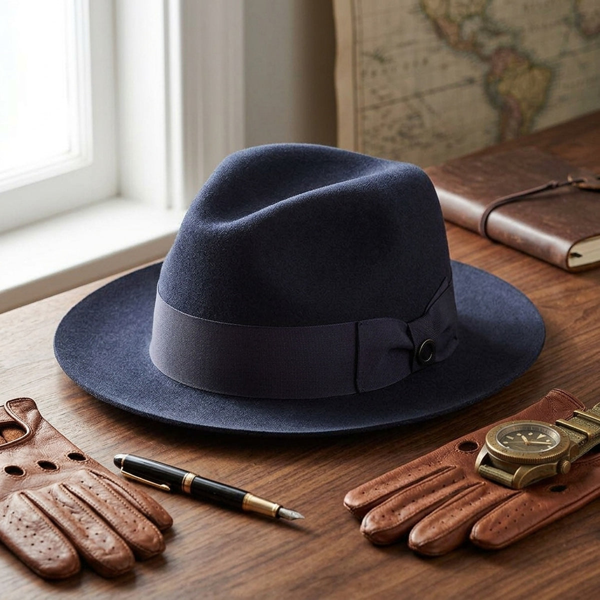 Navy Blue Wool Felt Fedora Hat with Grosgrain Ribbon Band