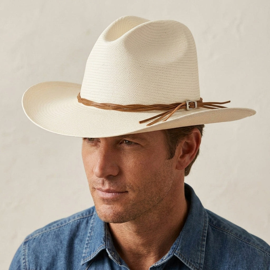 Unisex White Straw Cowboy Hat with Braided Leather Tassel Band