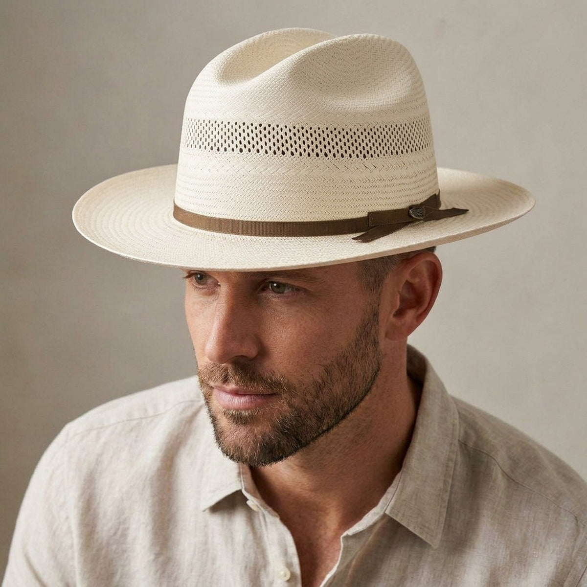 Ivory Open-Crown Straw Fedora with Grosgrain Ribbon Tie
