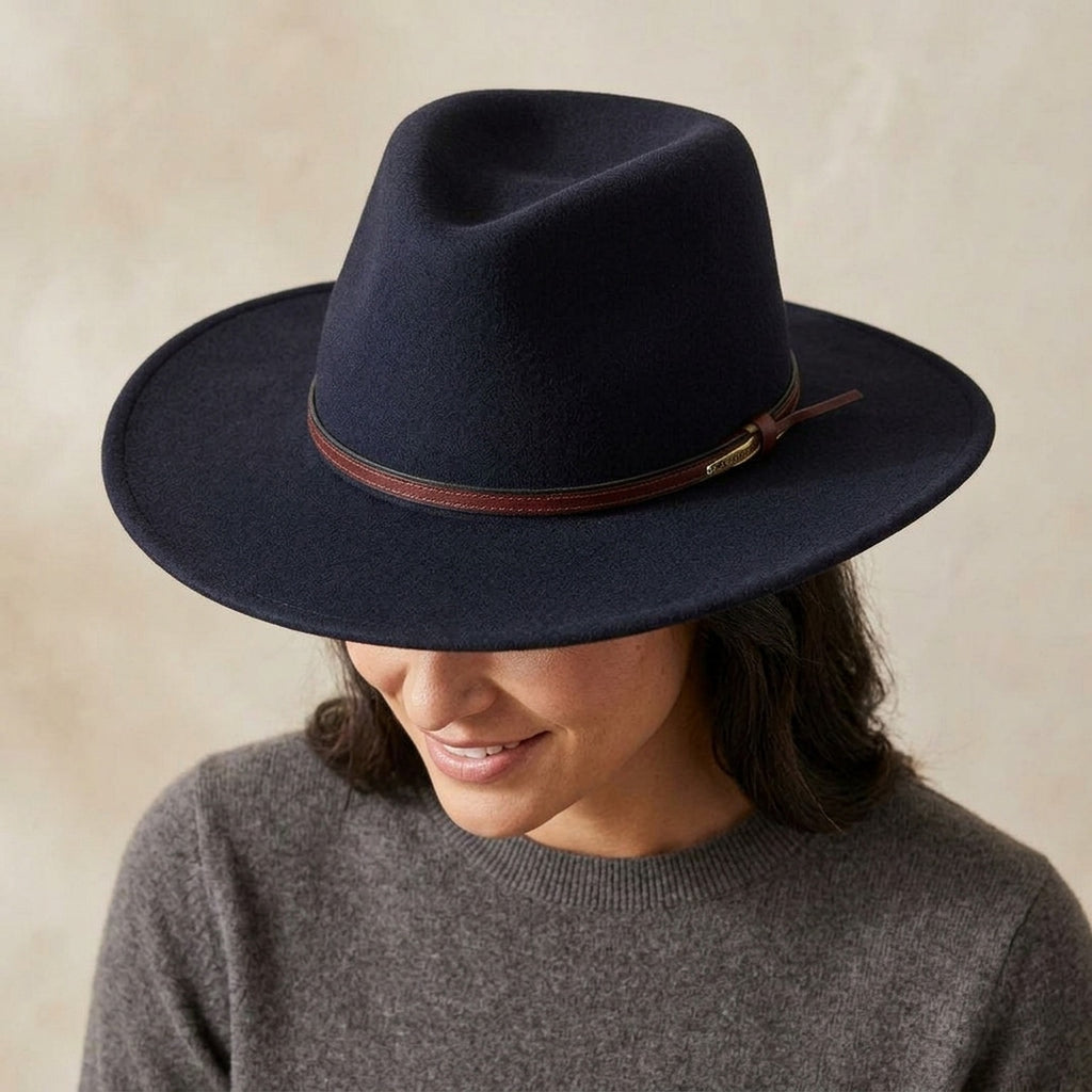Navy Felt Fedora Hat with Brown Leather Band - Classic Style