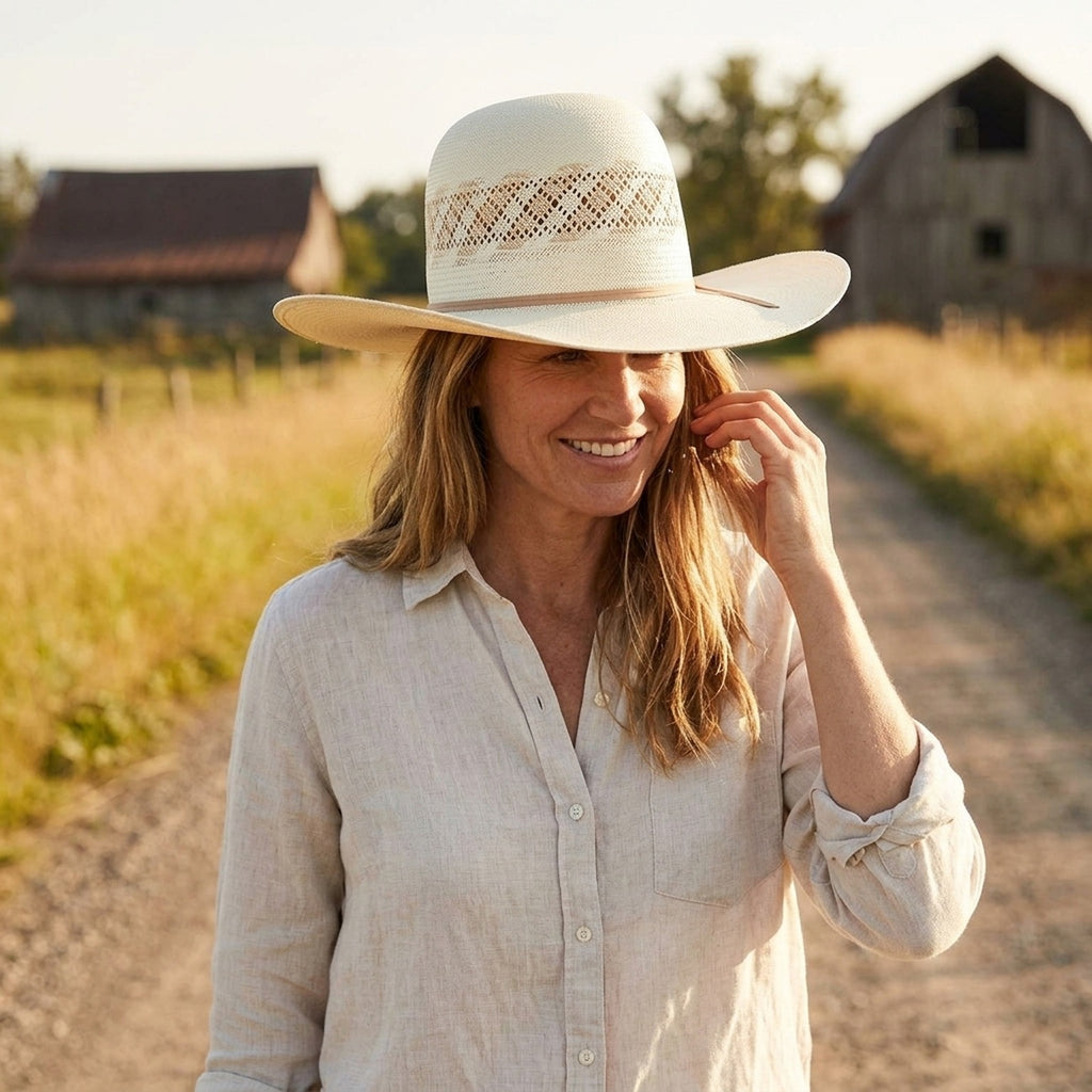 Cream Straw Sun Hat with Vented Diamond Crown and Leather Band