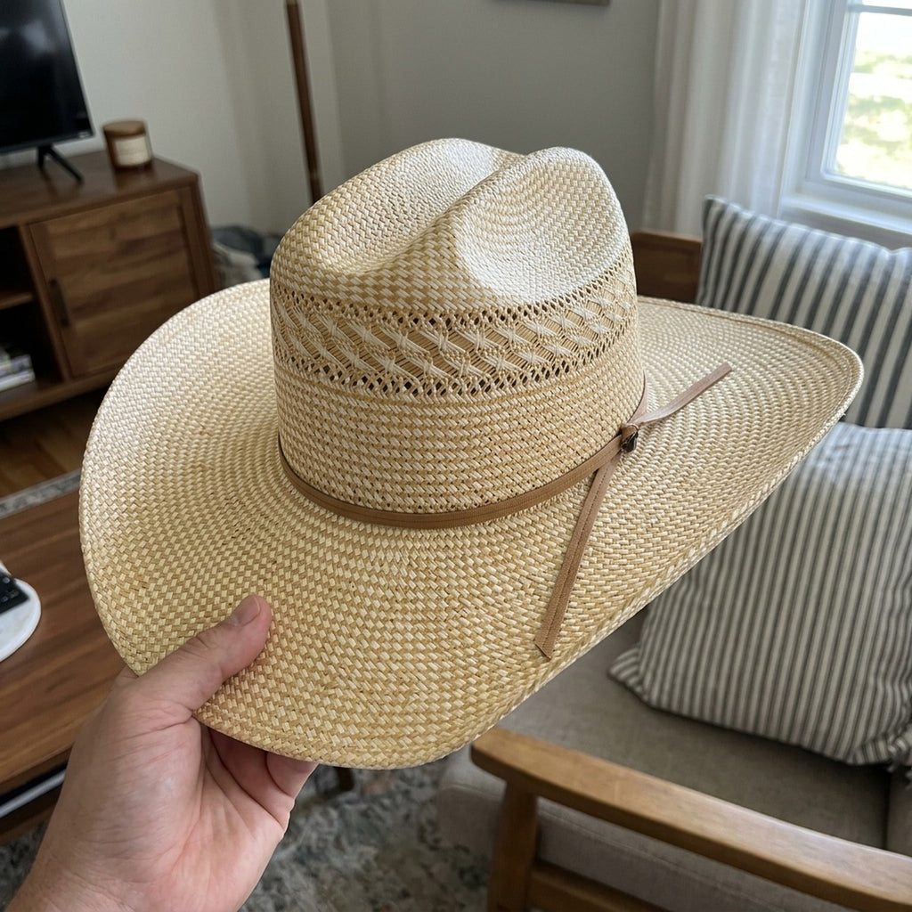 Unisex Open Weave Western Straw Hat with Leather Band Sun