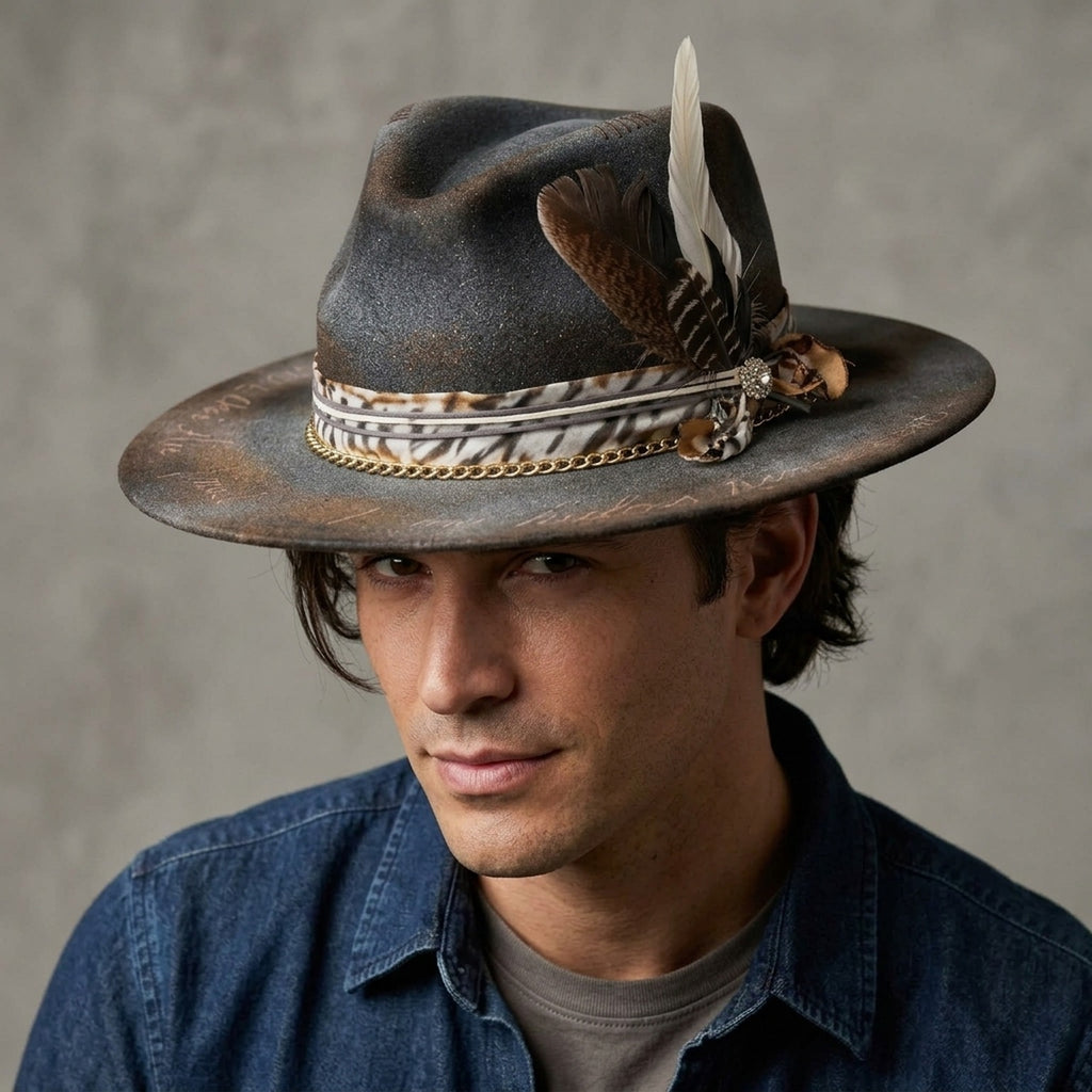 Charcoal Fedora with Gold Chain Zebra Print Band and Feathers