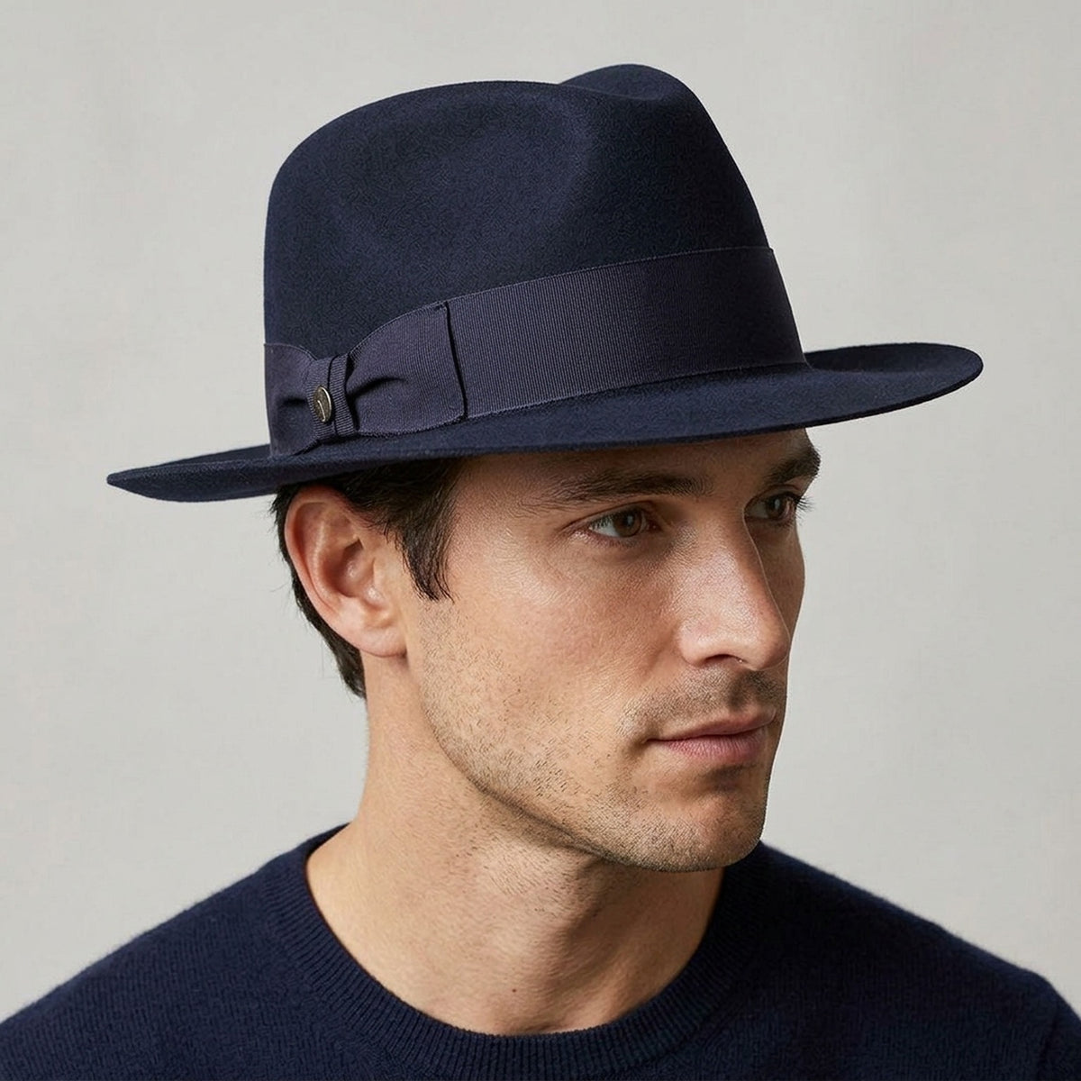 Navy Blue Wool Felt Fedora Hat with Grosgrain Ribbon Band