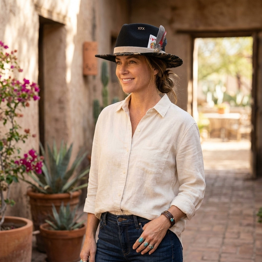 Glam Black Fedora with Gold Floral Brim and Playing Card