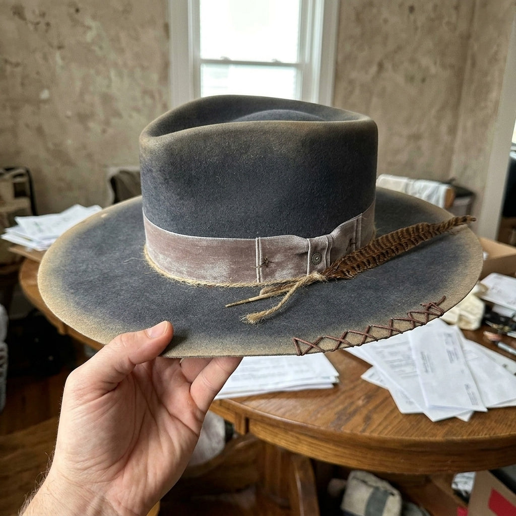 Charcoal Distressed Fedora With Brown Feather And Raffia Trim