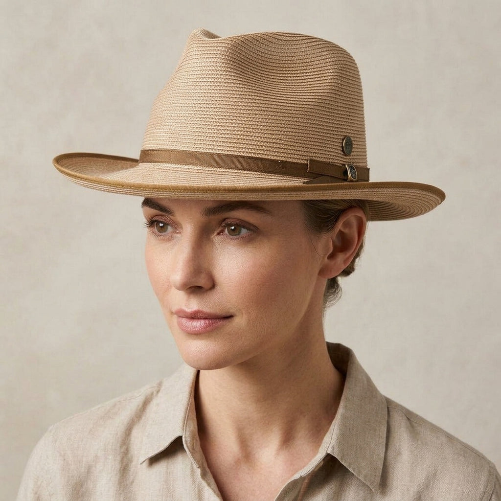 Tan Straw Fedora Hat with Brown Grosgrain Ribbon Band and Bow