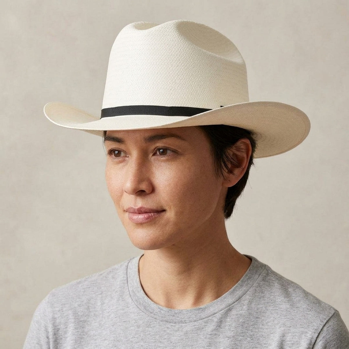 White Straw Panama Hat with Fine Weave and Black Ribbon Band