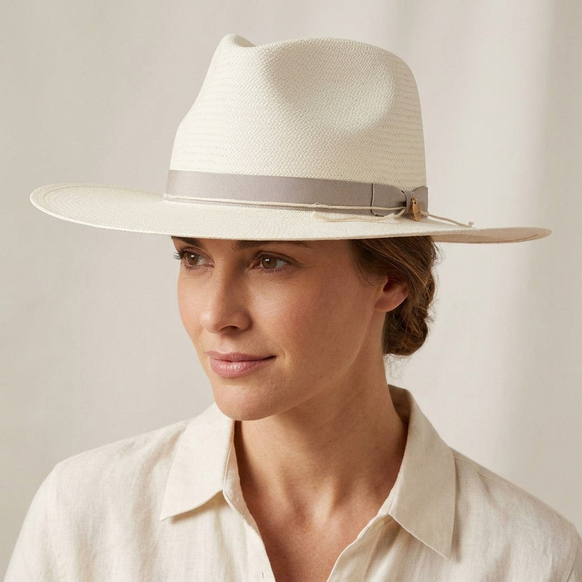 Cream Straw Fedora Hat with Tonal Grosgrain Band and Curved Brim