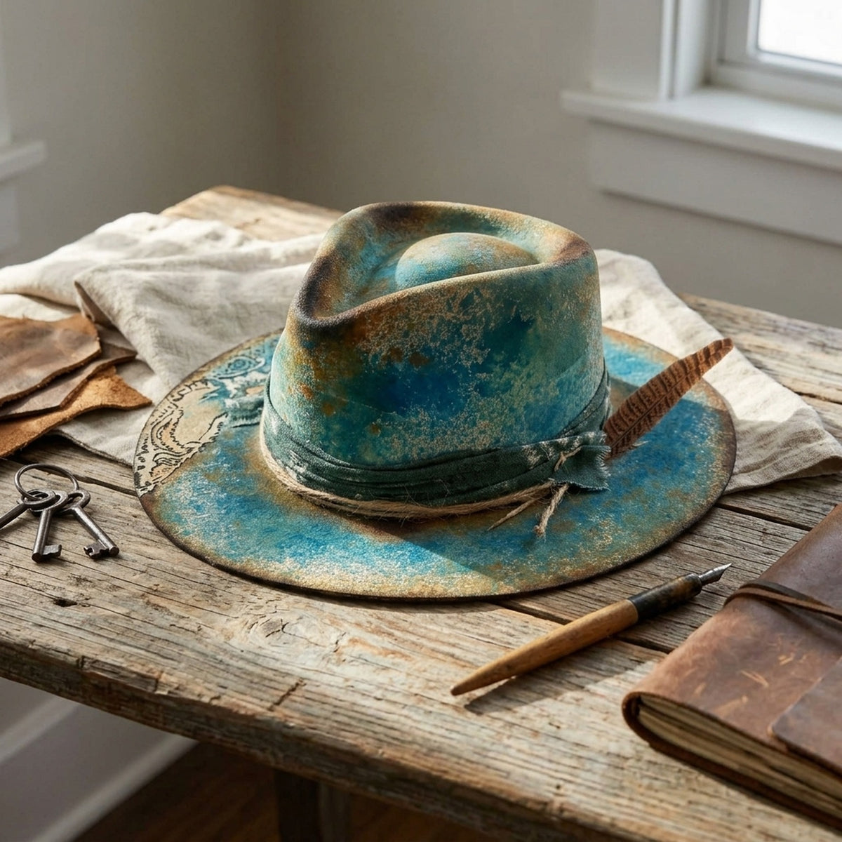 Turquoise Felt Western Hat with Dark Band and Striped Feather