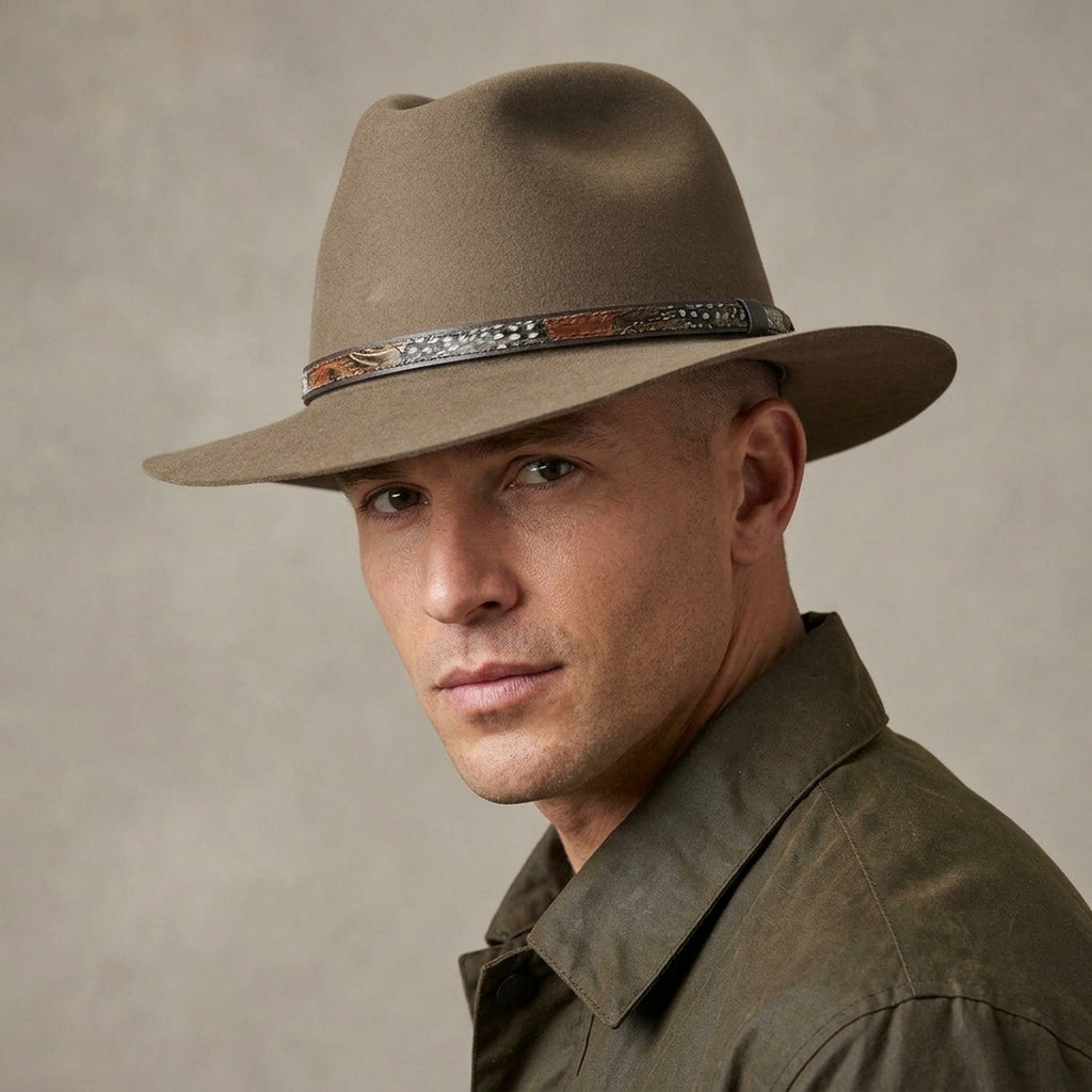 Olive Wool Felt Fedora with Textured Leather Band and Feather Trim