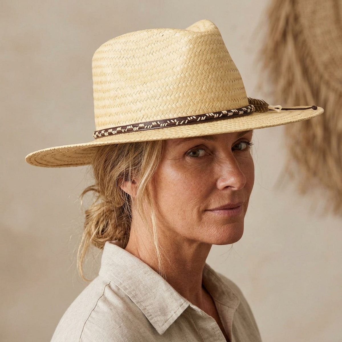 Unisex Natural Straw Fedora with Stitched Band and Feather